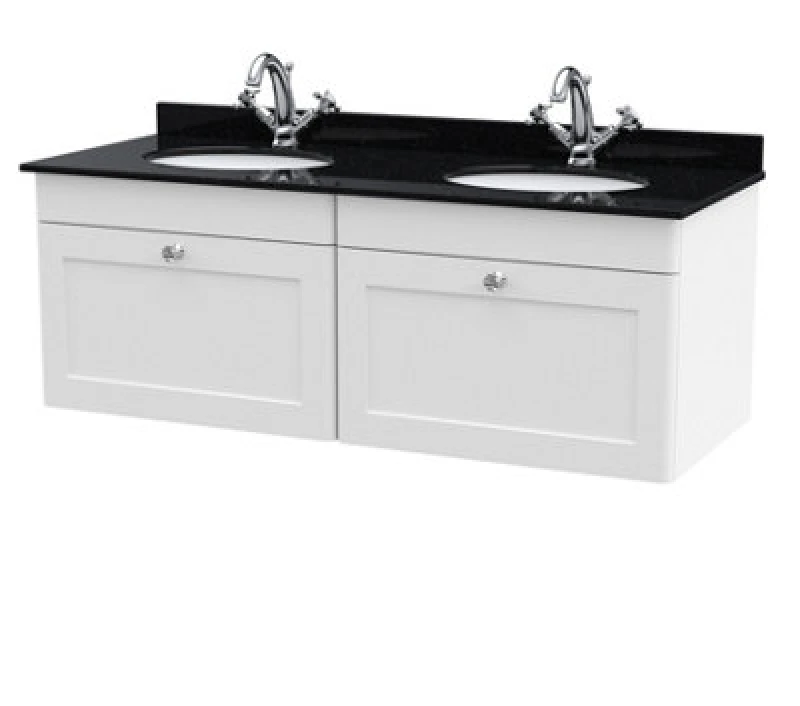 Image of Nuie Classique Wall Hung 2 Drawer Unit & 1 Tap Hole Black Marble Top With Oval Basin, Sink Vanity Unit In Satin White With White