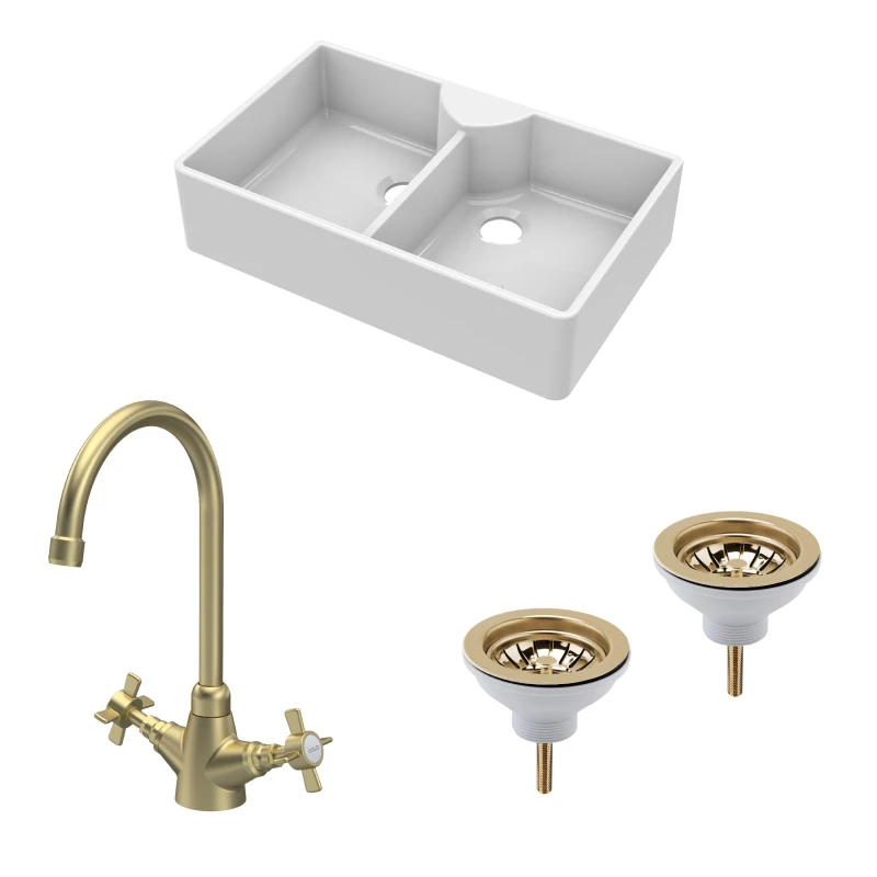 Image of Balterley Fireclay 2 Bowl Butler Sink 2 x Wastes Mono Crosshead Tap 895mm Bronze