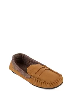 Image of Suedette Moccasin Slippers with Check Lining