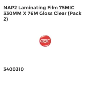Image of GBC NAP2 Laminating Film 75mic 330mm x 76m Gloss Clear Pack 2