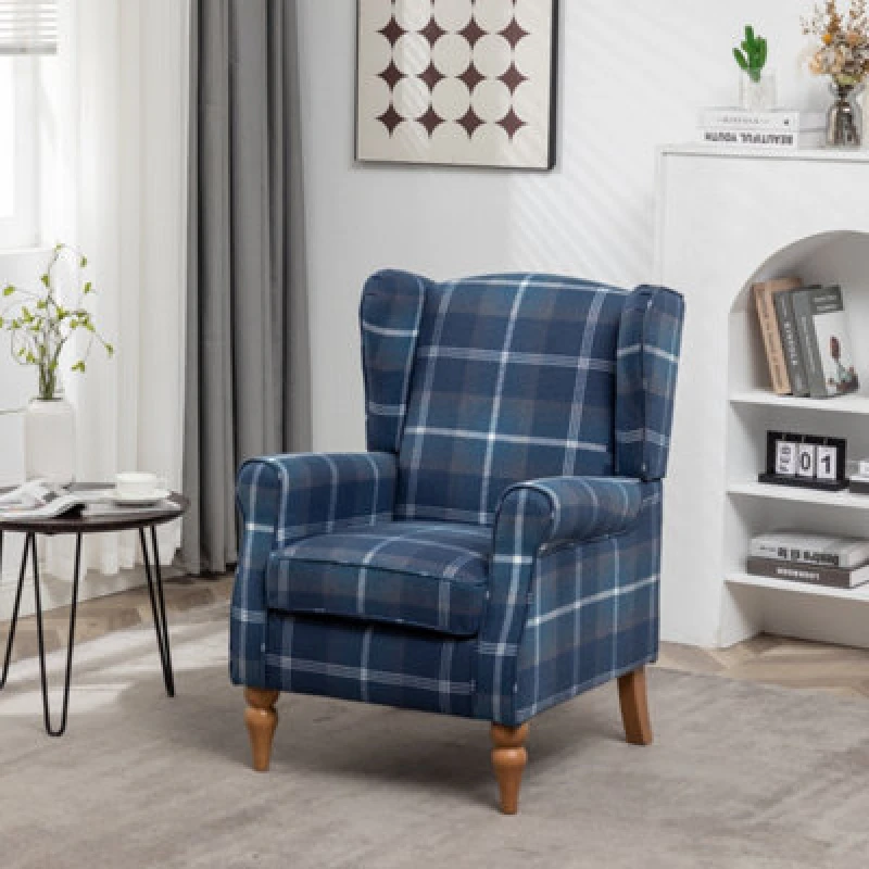 Image of Wingback Tartan Armchair Soft Padded Retro Check Leisure Chair Fabric Lounge For Living Room Bedroom - Blue