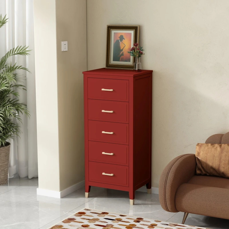 Image of Cabinet Bits Palazzi 5 Drawer Narrow Chest of Drawers in Red Red Unisex