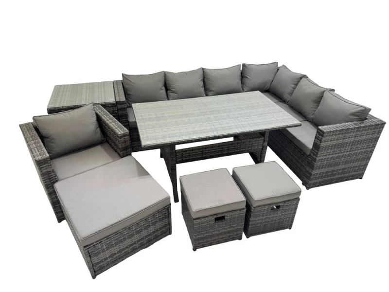 Image of Fimous 10 Seater Patio Dining Corner Sofa Set with Chair Big Stool Side Table in Dark Grey Dark Grey Unisex