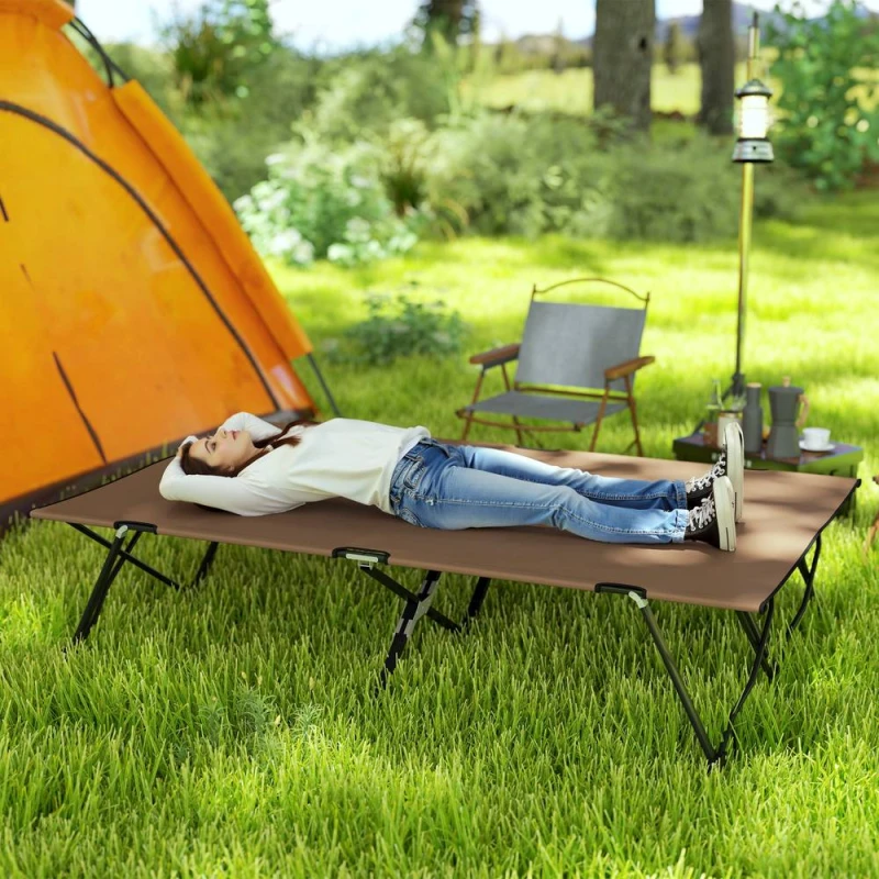 Image of OUTSUNNY Double Camping Folding Cot Portable Sleeping Bed, Charcoal Khaki in Brown Brown Unisex Double