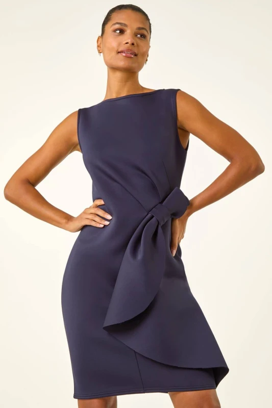 Image of Roman Womens Tie Waist Premium Stretch Dress in Navy Size: 12 Navy Female 12
