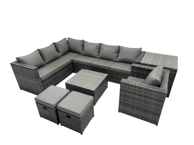 Image of Fimous Patio Furniture Sets with Corner Sofa Chair Side Table 2 Small Stools in Dark Grey Dark Grey Unisex