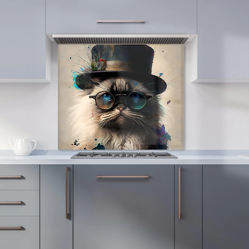 Image of Warren Reed - Designer Ragdoll Cat With Glasses Splashart Kitchen Splashback Size: 900mm x 750mm Multicolor Unisex 900mm x 750mm