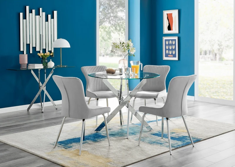 Image of FurnitureboxUK FurnitureboxUK Novara Round Glass Dining Table & 4 Nora Silver Leg Chairs in Light Grey Light Grey One Size Unisex 5056657178741