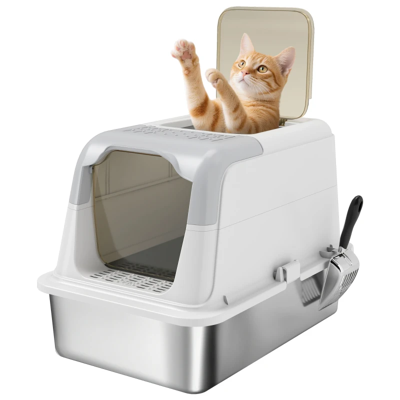 Image of PawHut Stainless Steel Litter Box, Enclosed Metal Litter Tray with Scoop, White D31-139V00WT