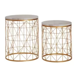 Image of Interiors By PH Round Side Tables White Marble Tops Gold Finish Iron