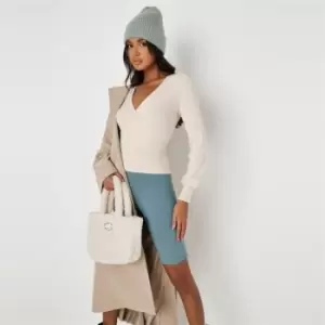 Image of Missguided Rib Sleeve Tie Waist Top - Cream