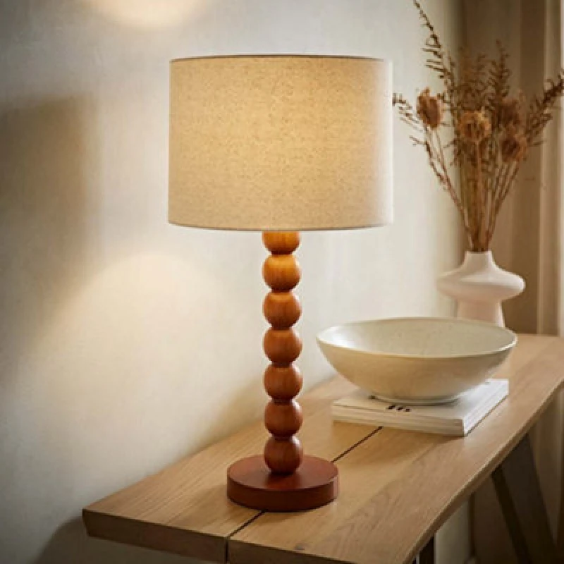 Image of ValueLights ValueLights Wyatt Natural Linen Drum Lamp Shade Walnut Wood Bobbin Table Lamp Natural One Size Unisex 5016529272601