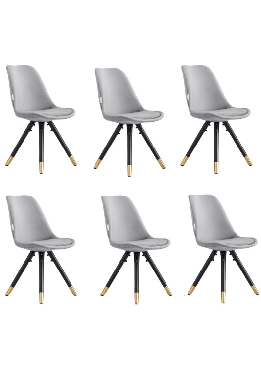 Image of Life Interiors Life Interiors Set of 6 Sofia Ergonomic Modern Dining Chairs Upholstered in Velvet, Metal Legs with Gold End Caps in Light Grey Light G