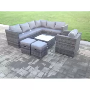 Image of Fimous 7 Seater Outdoor Dark Grey Rattan Lounge Complete Sofa Set Right Side with Square Coffee Table and 2 Stools