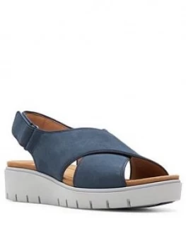 Image of Clarks Un Karely Sun Leather Low Wedge Sandal - Navy
