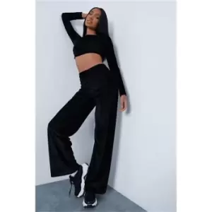 Image of I Saw It First Black Ribbed Velour Long Sleeve Crop Top And Wide Leg Trouser Set - Black