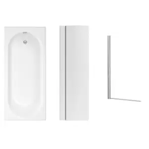 Image of 1600 x 700 Alton Single Ended Round Bath with Front Panel and Aquadart Venturi6 1400mm 6mm Chrome Bath Screen