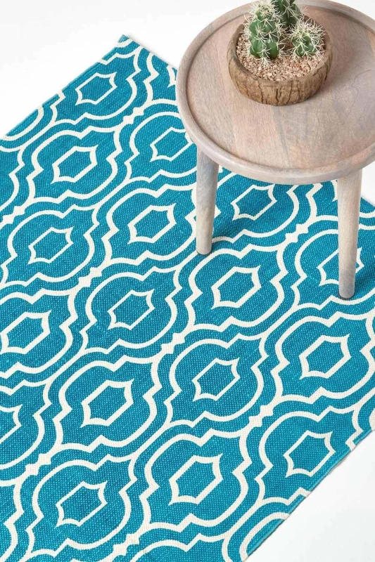 Image of Homescapes Riga Teal And White 100% Cotton Printed Patterned Rug, 160 X 230 Cm