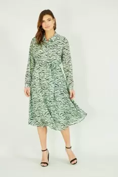 Image of Green Zebra Print Midi Long Sleeve Shirt Dress