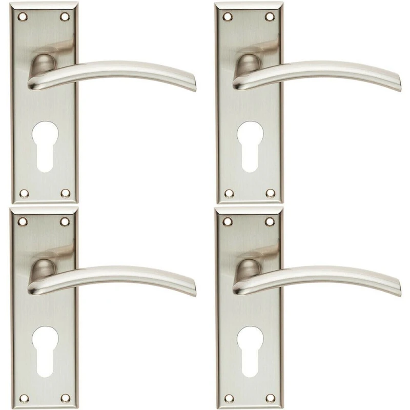 Image of Loops 4x PAIR Arched Lever on Euro Lock Backplate Door Handle 150 x 50mm Satin Nickel Metallics
