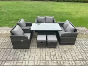 Image of Fimous 6 Seater Outdoor Dark Grey Wicker PE Rattan Garden Dining Set with Height Adjustable Table and 2 Stools