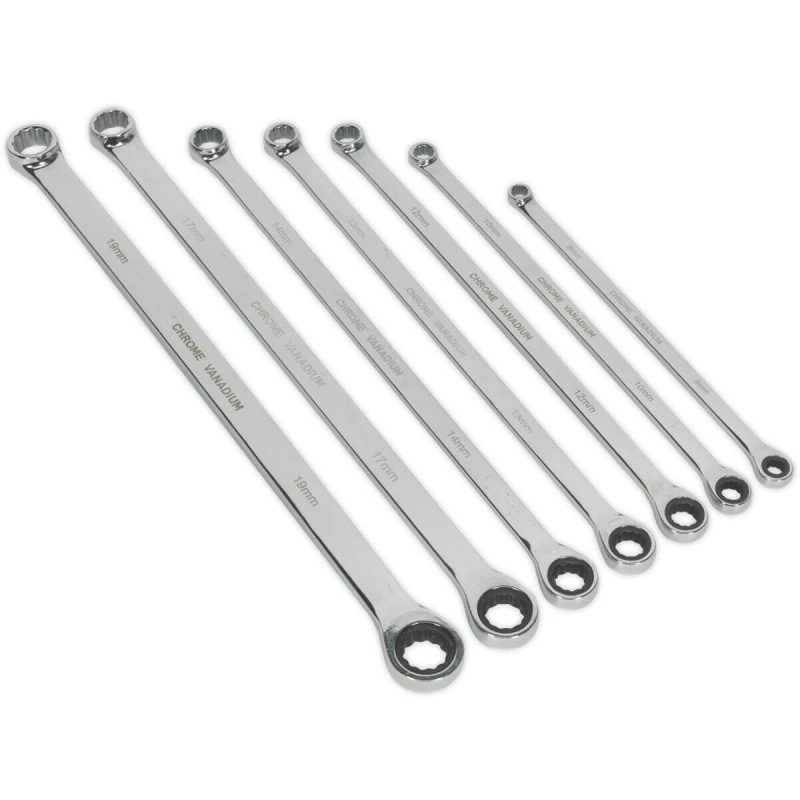 Image of Loops 7pc Double Ended Fixed & Ratchet Ring Spanner Set -12 Point Metric Socket Wrench Multi