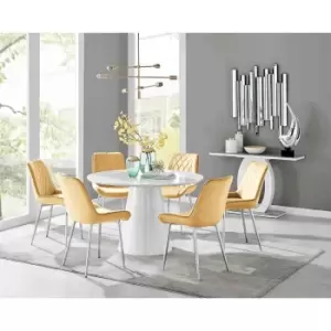 Image of Furniture Box Palma White High Gloss Round Dining Table and 4 Mustard Pesaro Silver Leg Chairs