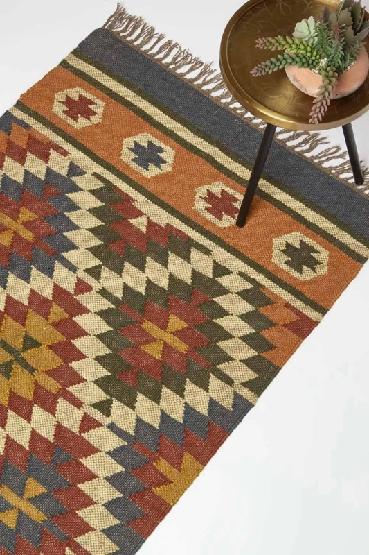 Image of Homescapes Lucea Orange & Blue Kilim Runner Wool Rug 80 x 180cm Size: 80cm x 180cm Orange Unisex 80cm x 180 cm