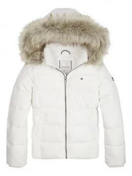 Image of Tommy Hilfiger Girls Essential Down Faux Fur Trim Hooded Coat - White, Size 7 Years, Women