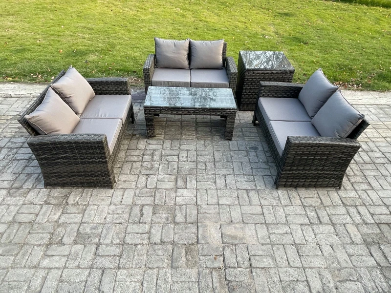 Image of Fimous 6 Seater Rattan Wicker Garden Furniture Patio Conservatory Sofa Set with Coffee Table Double Seater Sofa Side Table in Dark Grey Dark Grey Unis