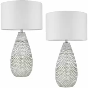 Image of 2 PACK Modern Textured Table Lamp Chrome Glass Base & White Shade Bedside Light