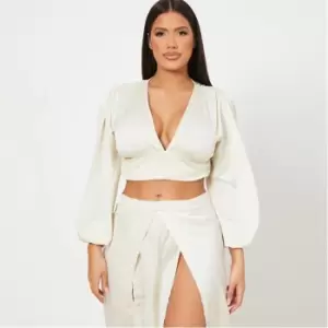 Image of I Saw It First Satin Plunge Neck Crop Top - Brown