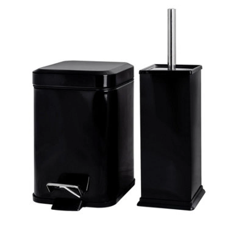 Image of Harbour Housewares Bathroom Bin & Toilet Brush Set - 3L - Black - Square Stainless Steel Slim Trashcan Rubbish Bin & Brush