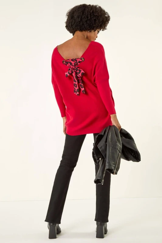 Image of Roman Womens Animal Print Eyelet Back Knit Jumper in Red Size: Medium Red Female M