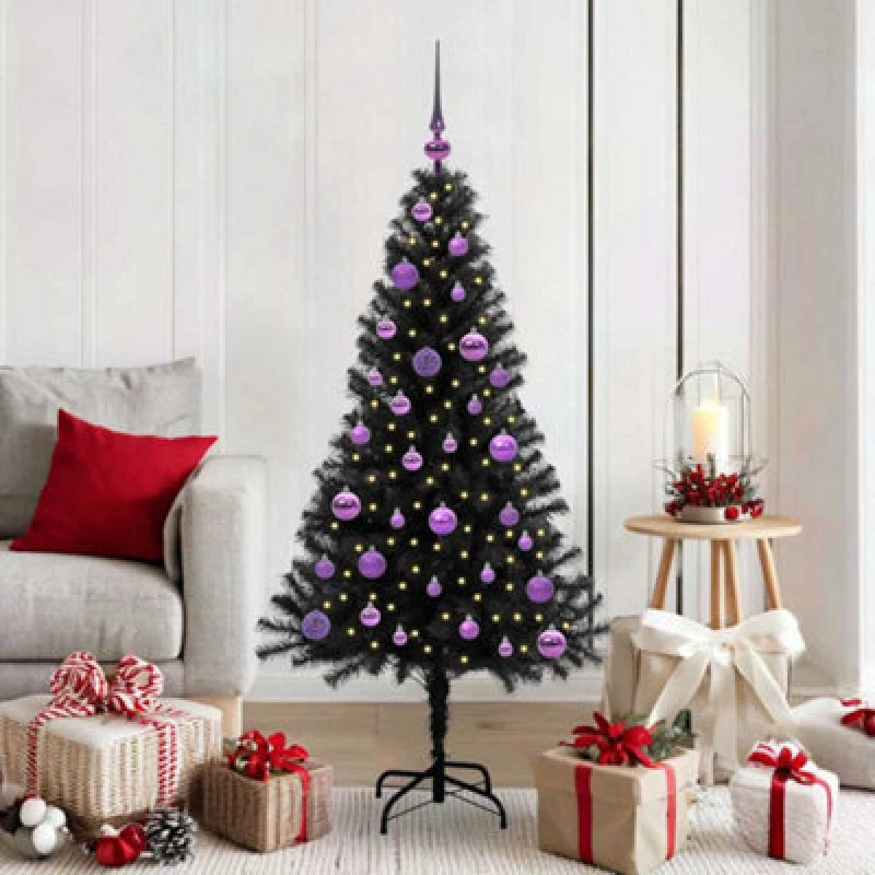 Image of vidaXL Christmas Tree with 150 LEDs, Lilac Balls with Stand Black 150cm PVC, Black 3396471