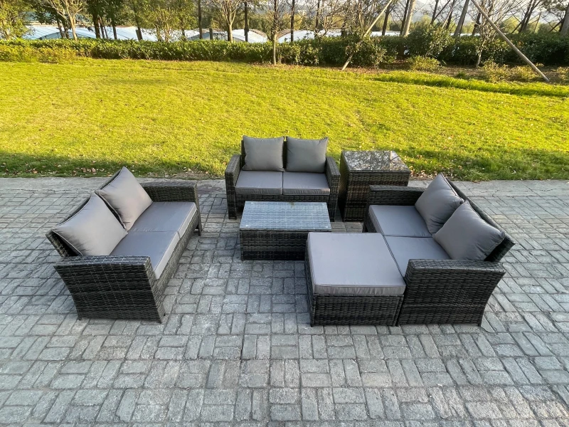 Image of Fimous Dark Grey 7 Seater Outdoor Rattan Garden Furniture Set Patio Love Sofa Rectangular Coffee Table Set with Footstool Dark Grey Unisex
