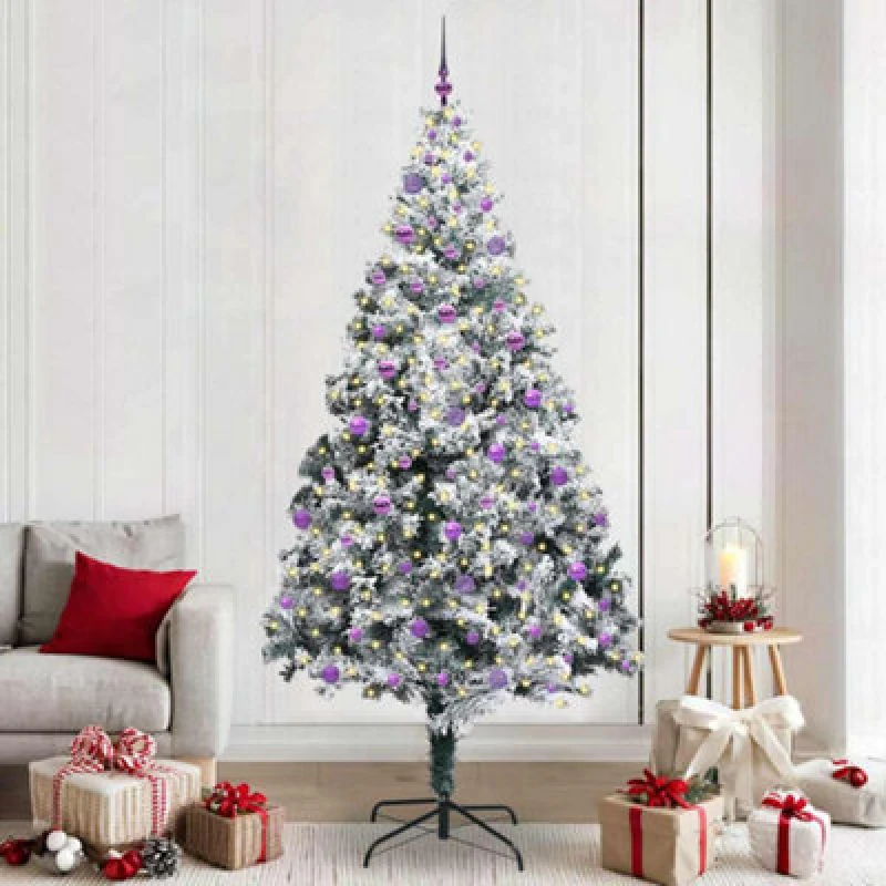 Image of vidaXL Artificial Christmas Tree with 300 LEDs, Lilac Balls with Stand Snow Flocked Green 240 cm, Green 3396986