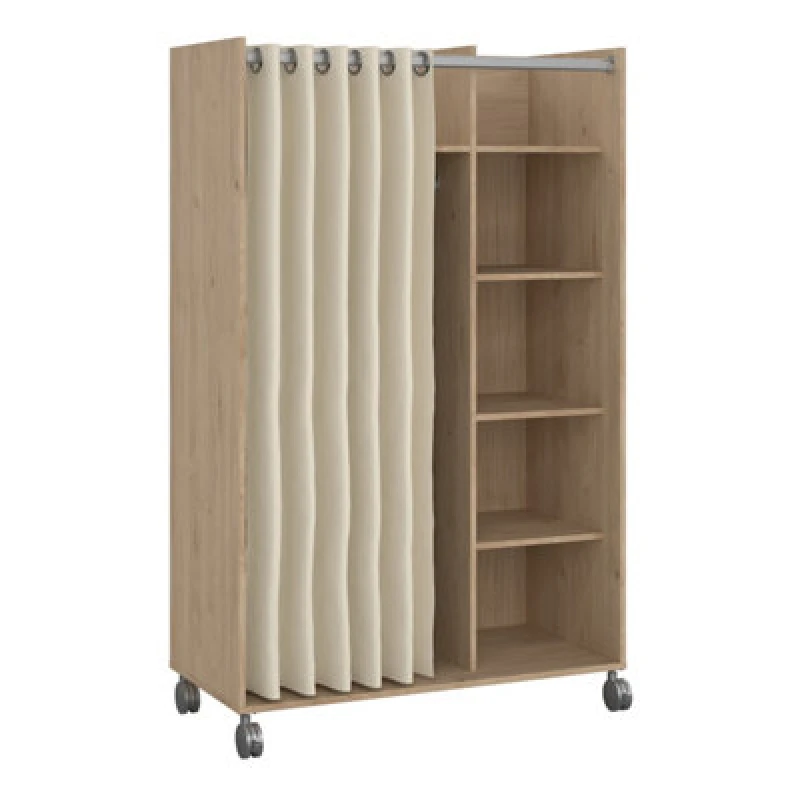 Image of Furniture To Go Uppsala Open Mobile Wardrobe Unit In Jackson Hickory Oak With A Beige Textile Curtain On Wheels