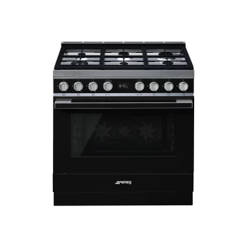 Image of SMEG Portofino 90cm Pyrolytic Dual Fuel Range Cooker with Gas Hob - Black