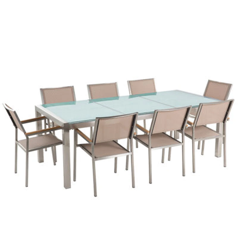Image of Beliani Garden Dining Set 8 Seater Grosseto Cracked Glass Transparent/ Beige