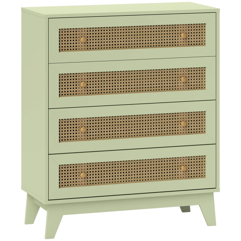 Image of HOMCOM Chest of Drawers, 4 Drawer Unit Storage Organiser with Rattan Element, Green 831-602V00GN