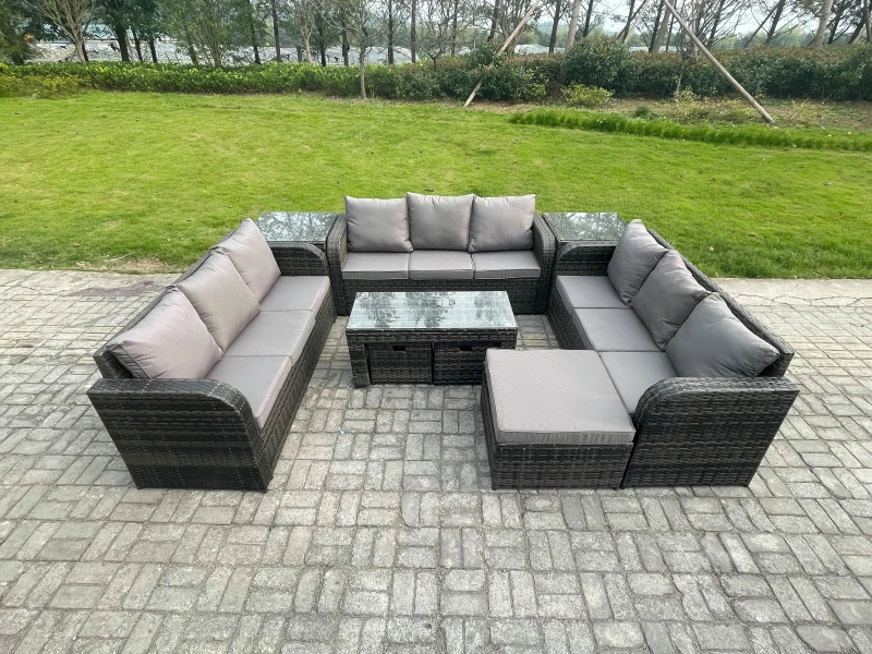 Image of Fimous Rattan Garden Furniture Set 12 Seater Indoor Outdoor Patio Sofa Set with Coffee Table 3 Footstools 2 Side Tables Dark Grey Mixed Dark Grey