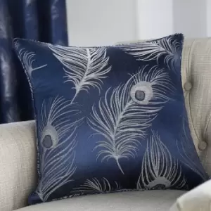 Image of Curtina - Feather Jacquard Filled Cushion, Navy, 43 x 43 Cm