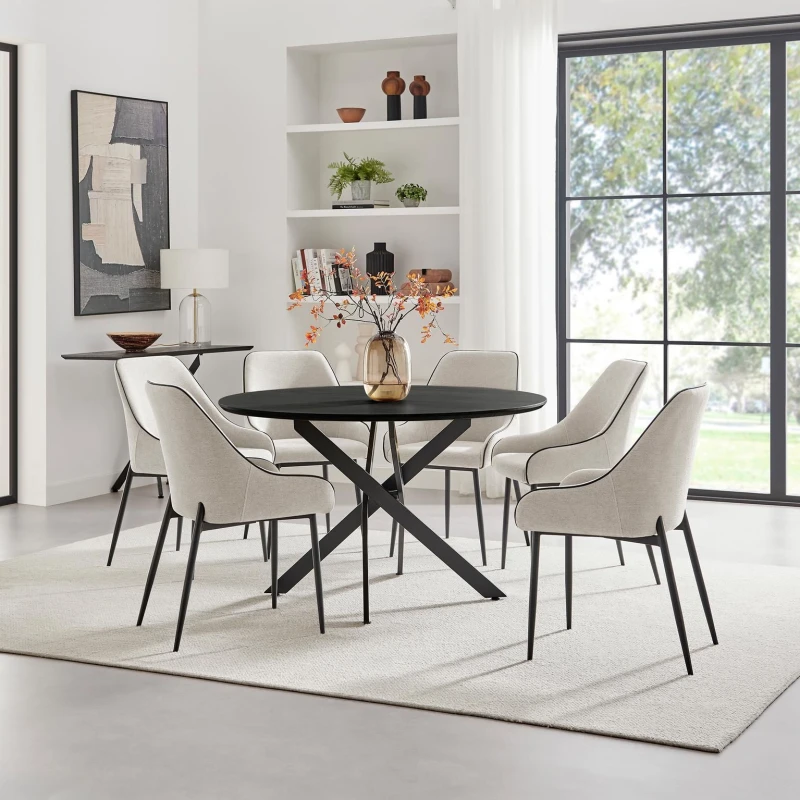 Image of FurnitureboxUK FurnitureboxUK Novara Black Top Dining Table & 6 Beaumont Cream Fabric Chairs Black One Size Unisex 5056784315224