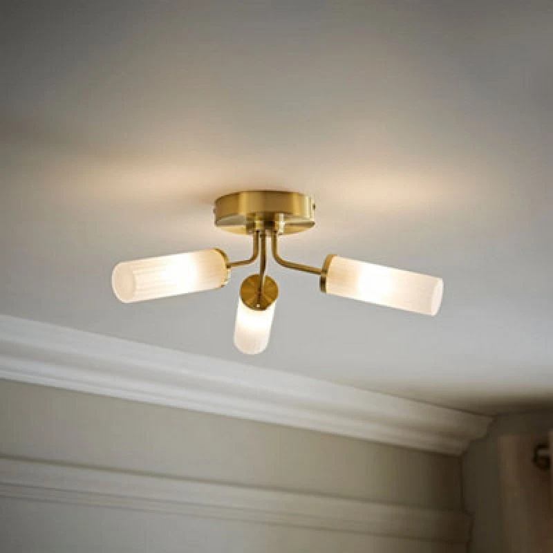 Image of ValueLights ValueLights Canya 3 Way IP44 Rated Bathroom Frosted Reeded Glass Flush Ceiling Light in Gold Gold One Size Unisex 5016529266877