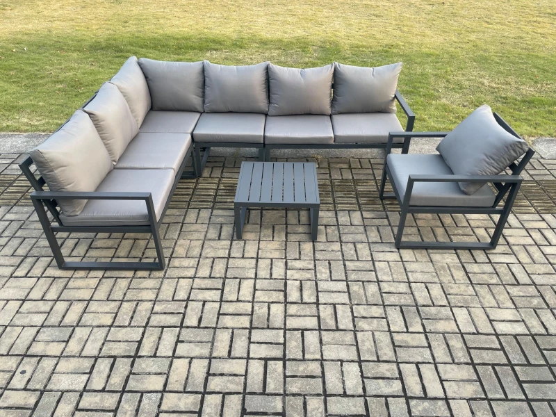 Image of Fimous Aluminium Garden Furniture Set Outdoor Lounge Corner Sofa Chair Square Coffee Table Sets Dark Grey 7 Seater Dark Grey Unisex