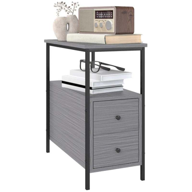 Image of HOMCOM HOMCOM Narrow End Table, Sofa Side Table with 2 Drawers Storage Shelf, Grey Grey One Size Unisex 5063603015562