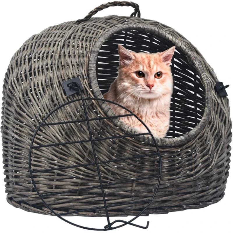 Image of vidaXL Cat Transporter Grey 50x42x40cm Natural Willow Pet Basket Puppy Carrier