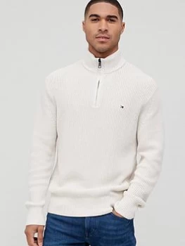 Image of Tommy Hilfiger Knitted Ribbed Texture Quarter Zip - Alabaster