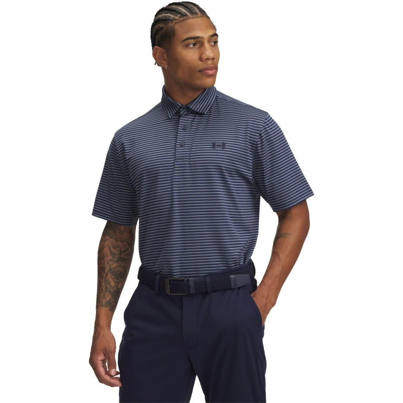 Image of Under Armour Mens Stripe Short-Sleeve Performance Polo Shirt - Blue Male S